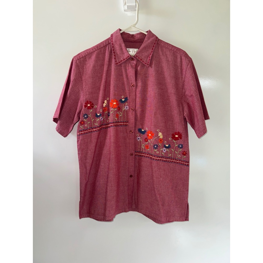 Bobbie Brooks Womens Large China Red Floral Embroidered Button Down Shirt Cotton